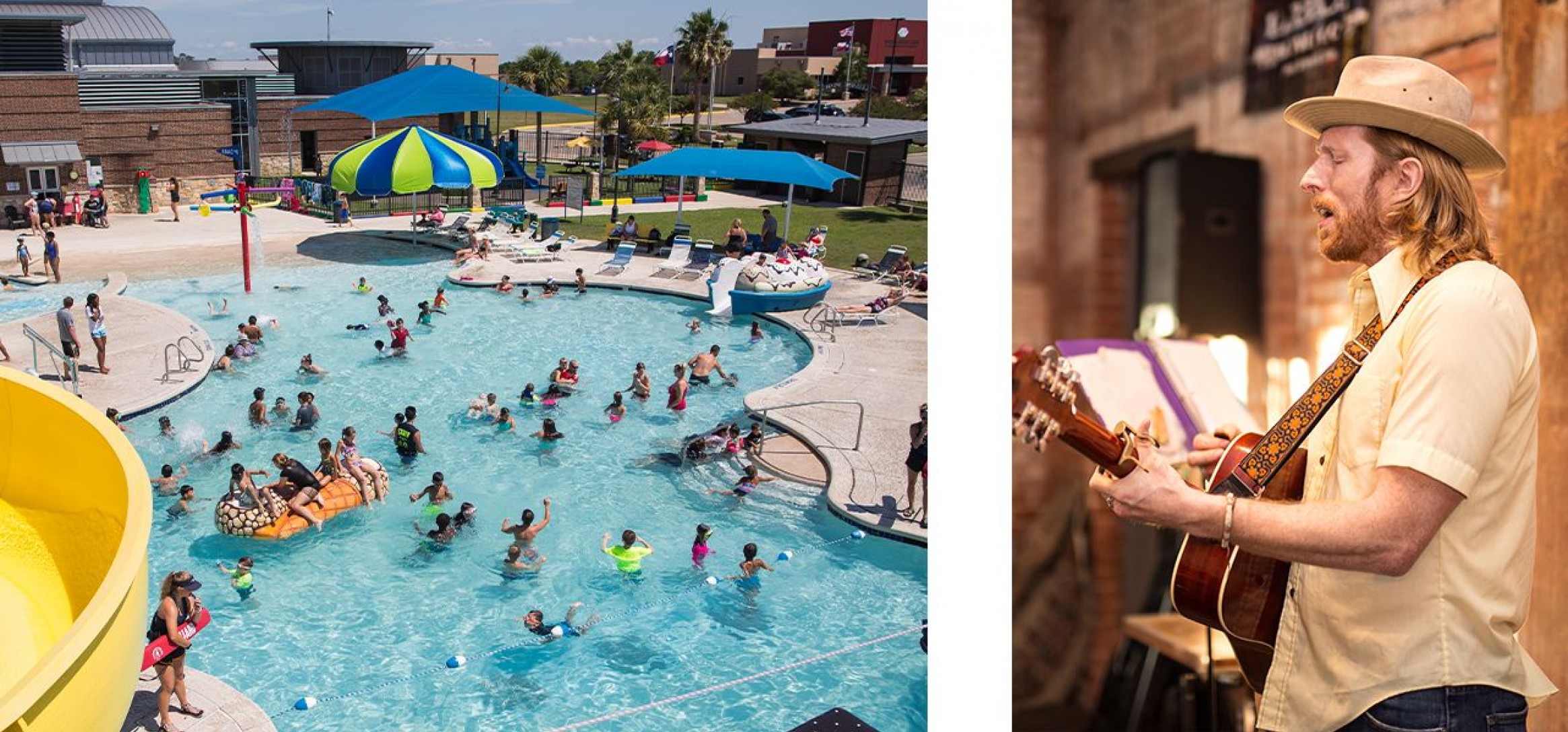 People swimming in a pool on the left and an artist singing on the right