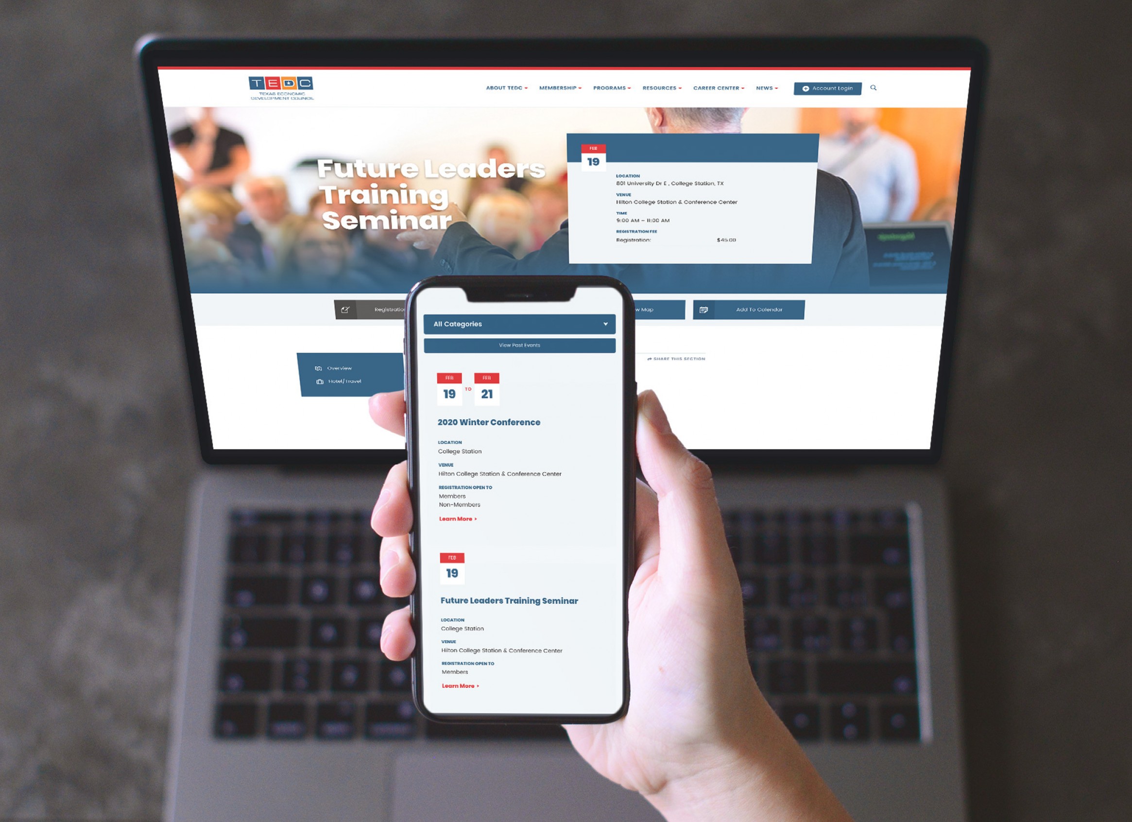 TEDC's site on a mobile device in front of a computer