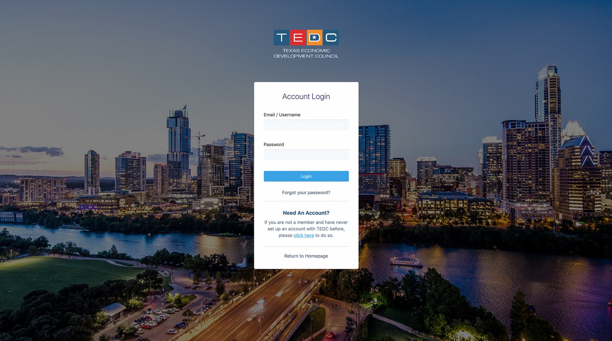 Screemshot of TEDC's login screen for their members