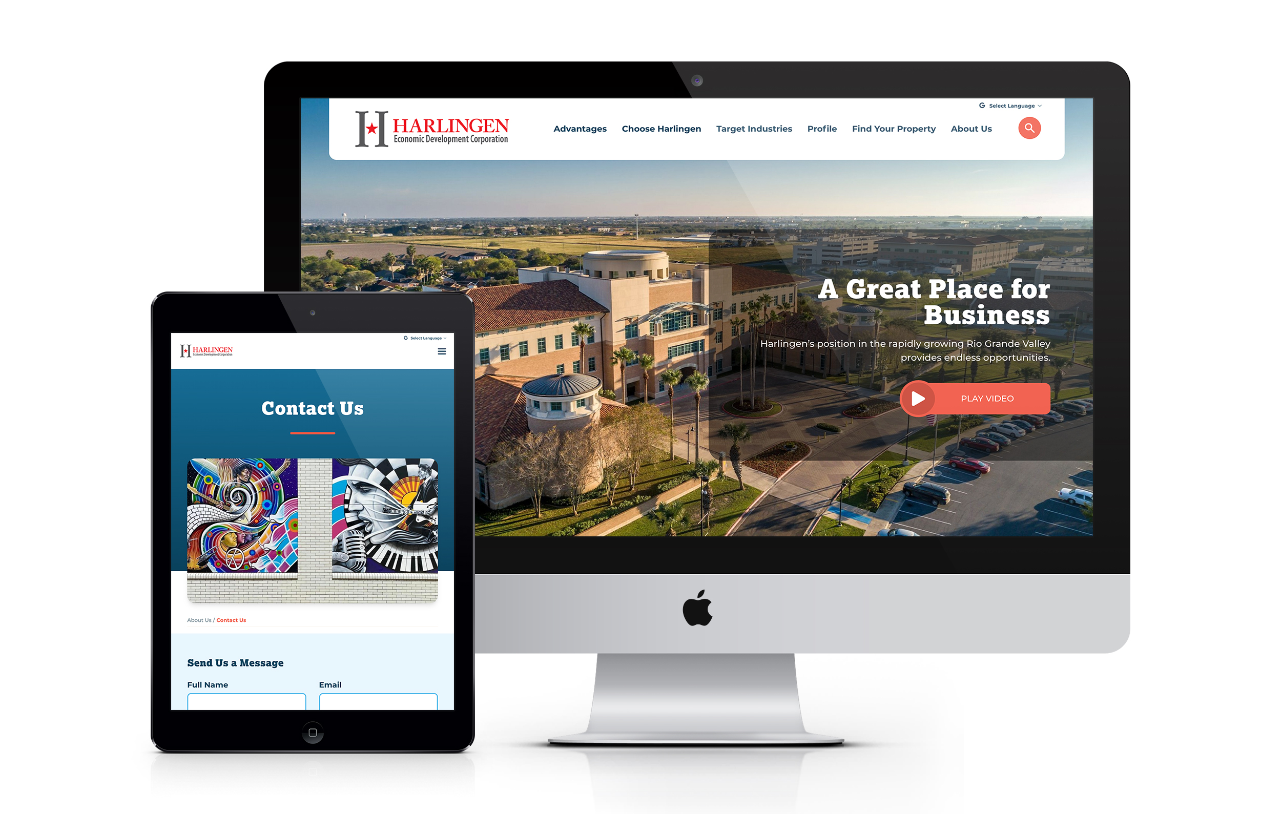 Screenshot of Harlingen hompage on macbook and ipad