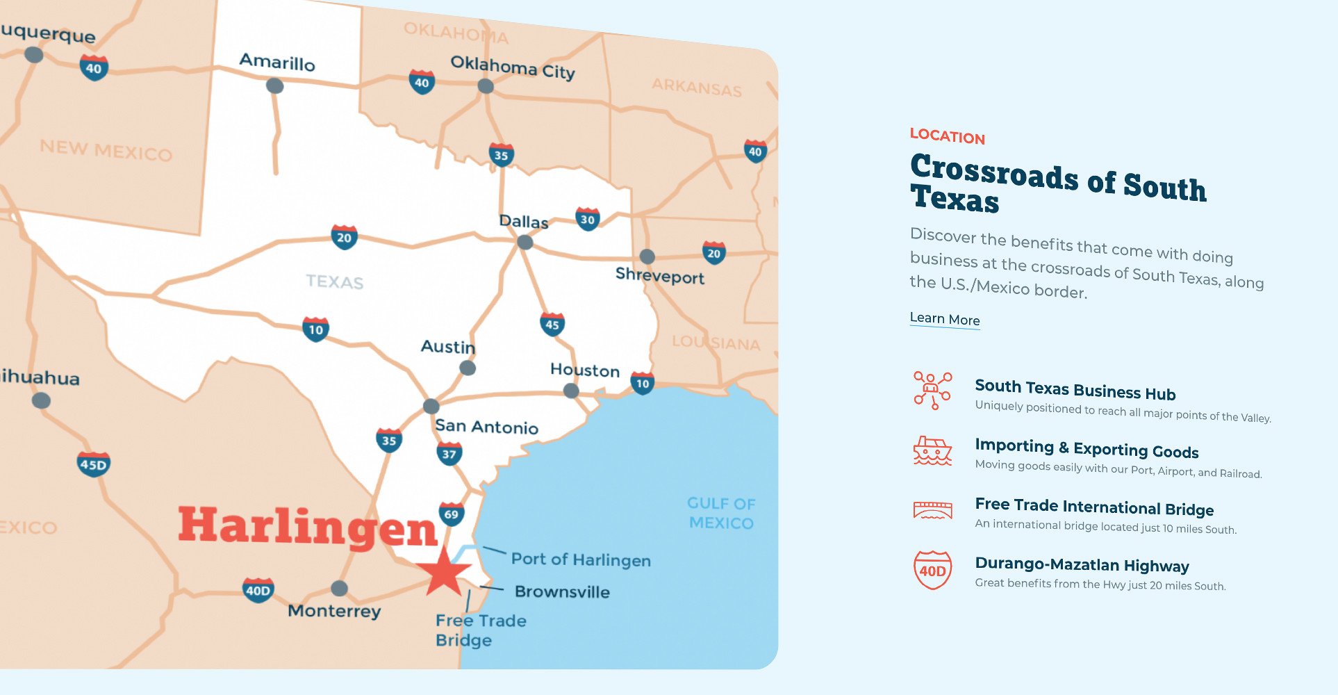 Harlingen's map surrounded by Texas and Mexico