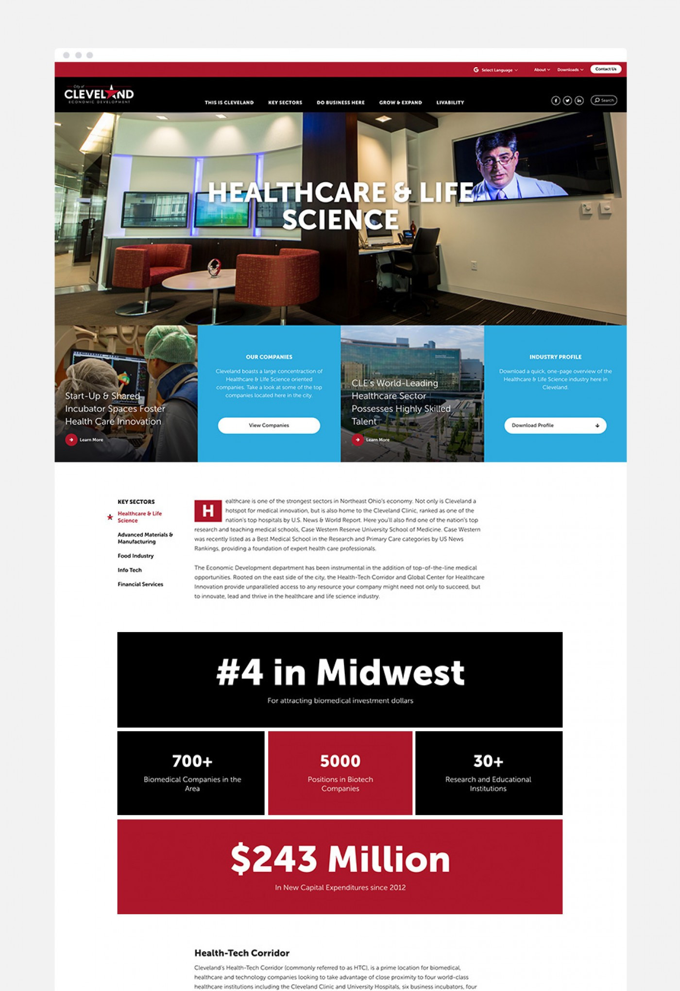 Screenshot of the Healthcare and life science page on Cleveland's site
