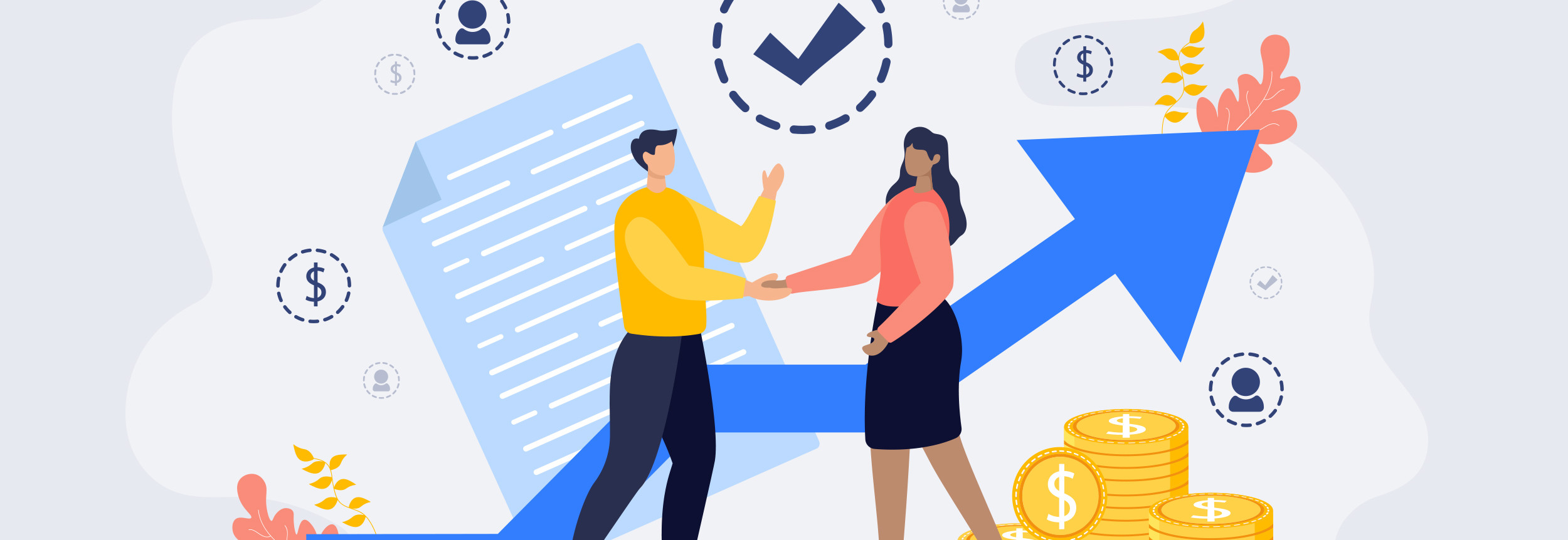 Graphic of two people with upward arrows and coins