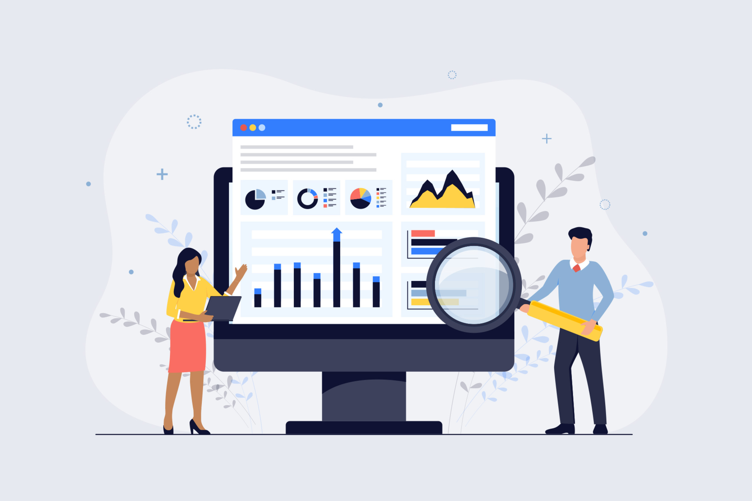 People holding magnifying glass next to charts/reports