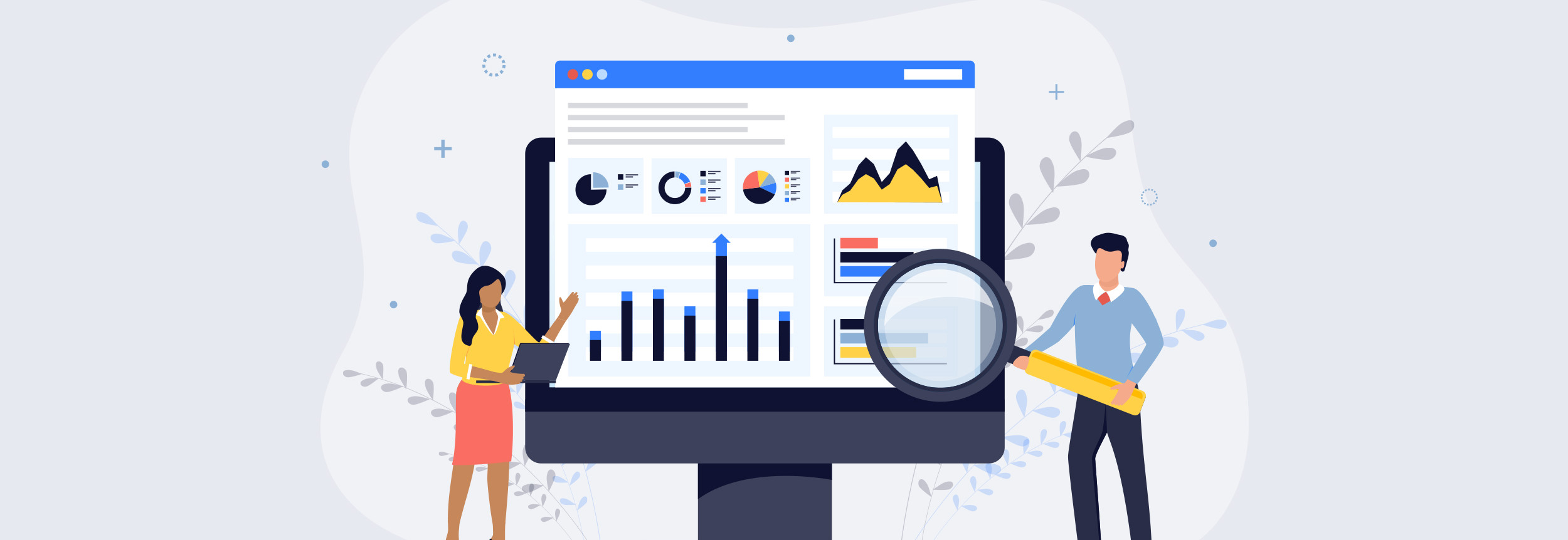 People holding magnifying glass next to charts/reports