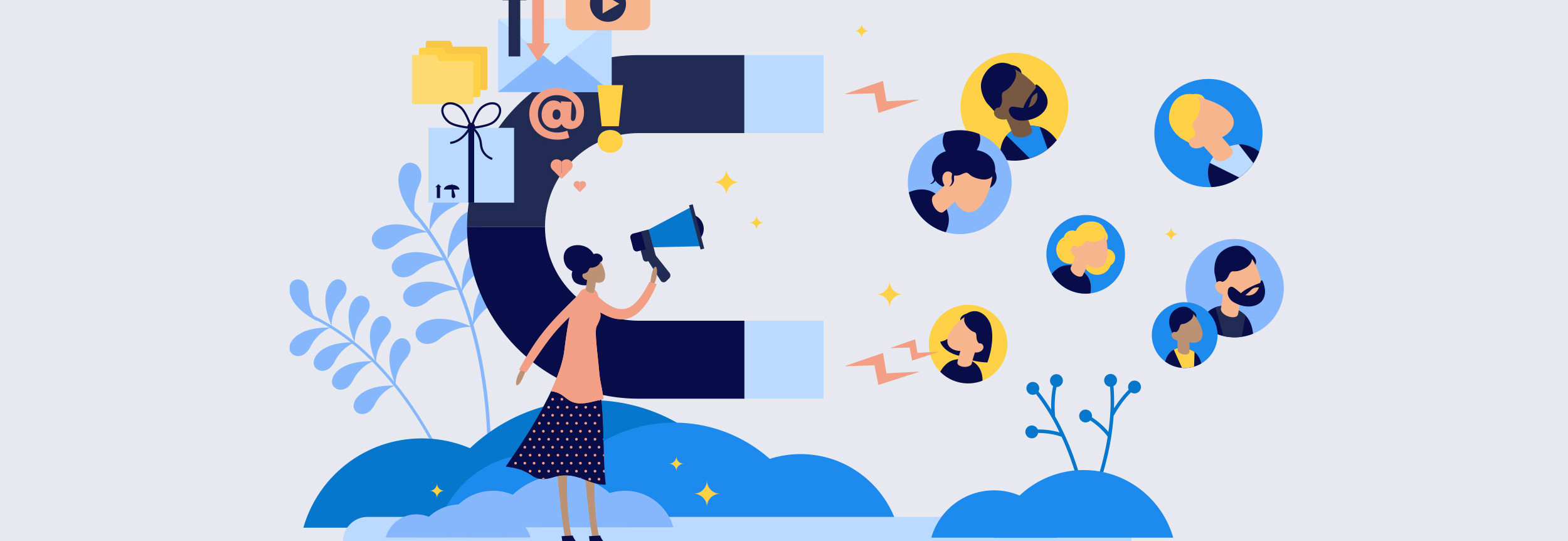 Illustration depicting woman attracting customers with a magnet