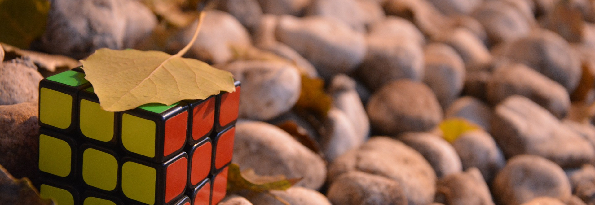 A rubik cube on rocks with a leaf on top of it
