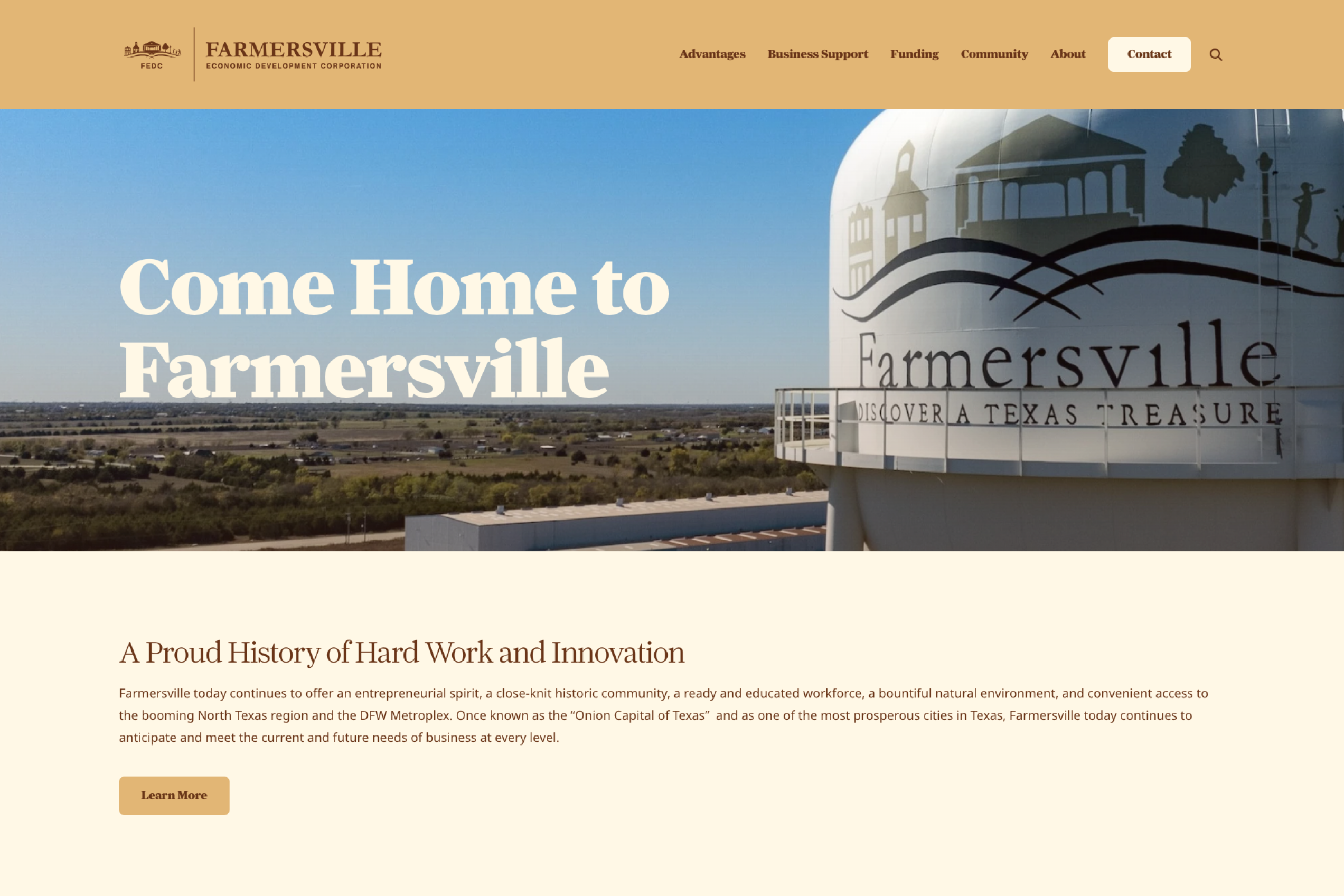 Homepage hero area of the Farmersville EDC website